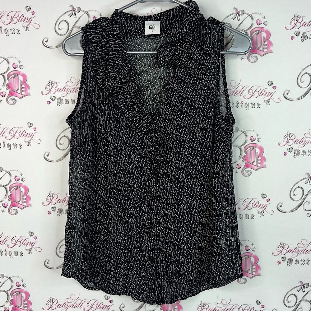 Cabi Tank Top Music Notes Ruffle Black And White Sleeveless Blouse